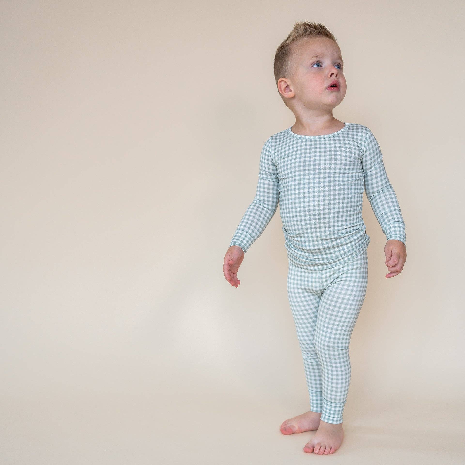 Hucklebaby - Wholesale Sleepwear Set - Kids - Sage Gingham Two Piece Pajamas0