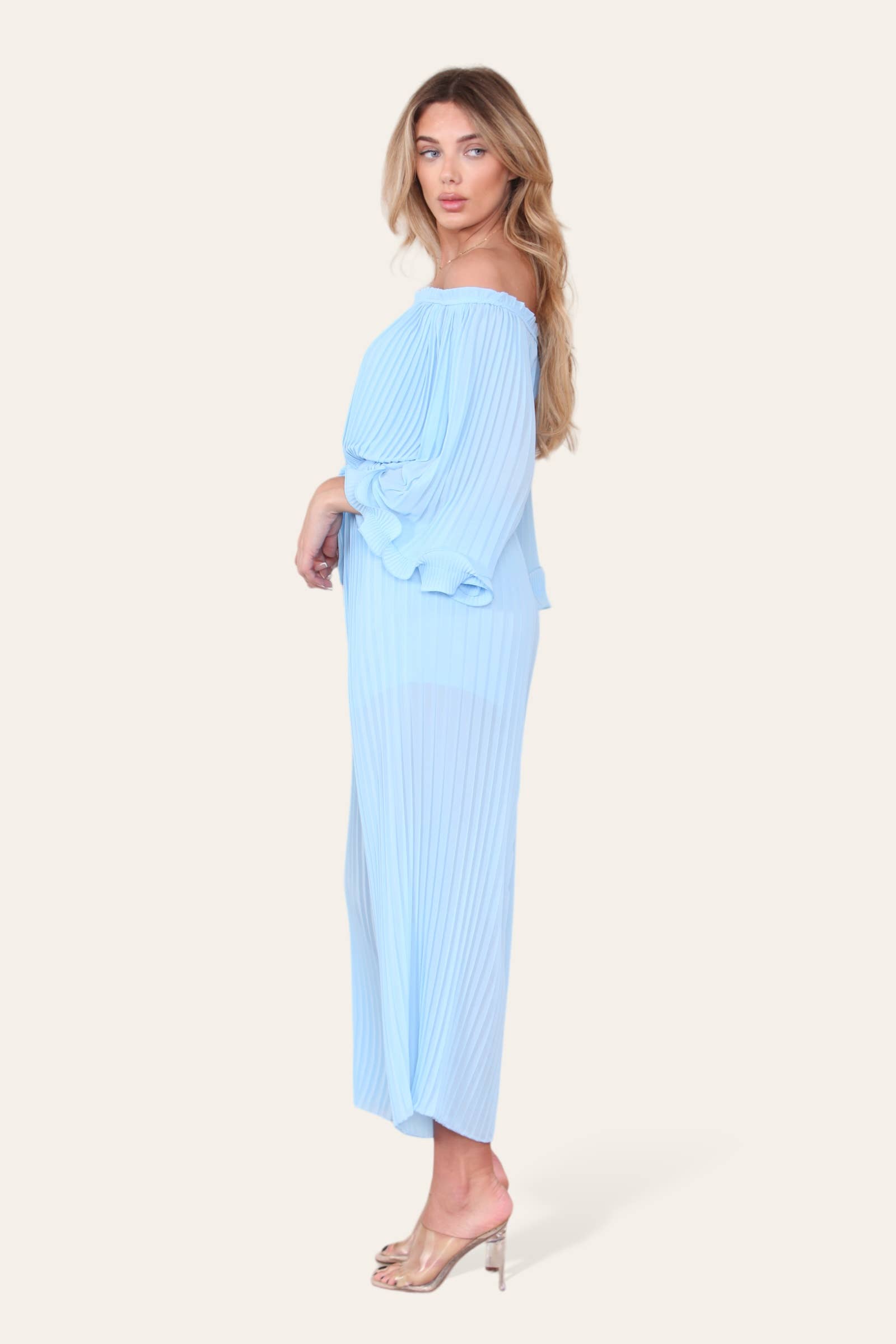 WHITE Sofia Bardot Pleated Frill Jumpsuit for wholesale on Faire22