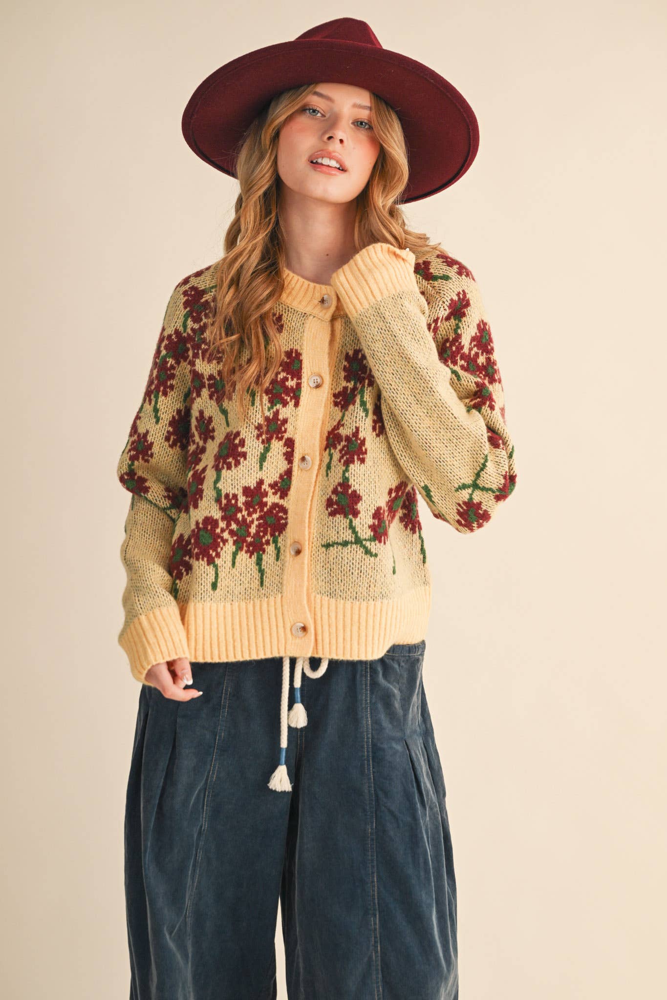 &MERCI - Wholesale Cardigan - Women's - FLORAL KNIT BUTTON DOWN SWEATER CARDIGAN MSW1123810