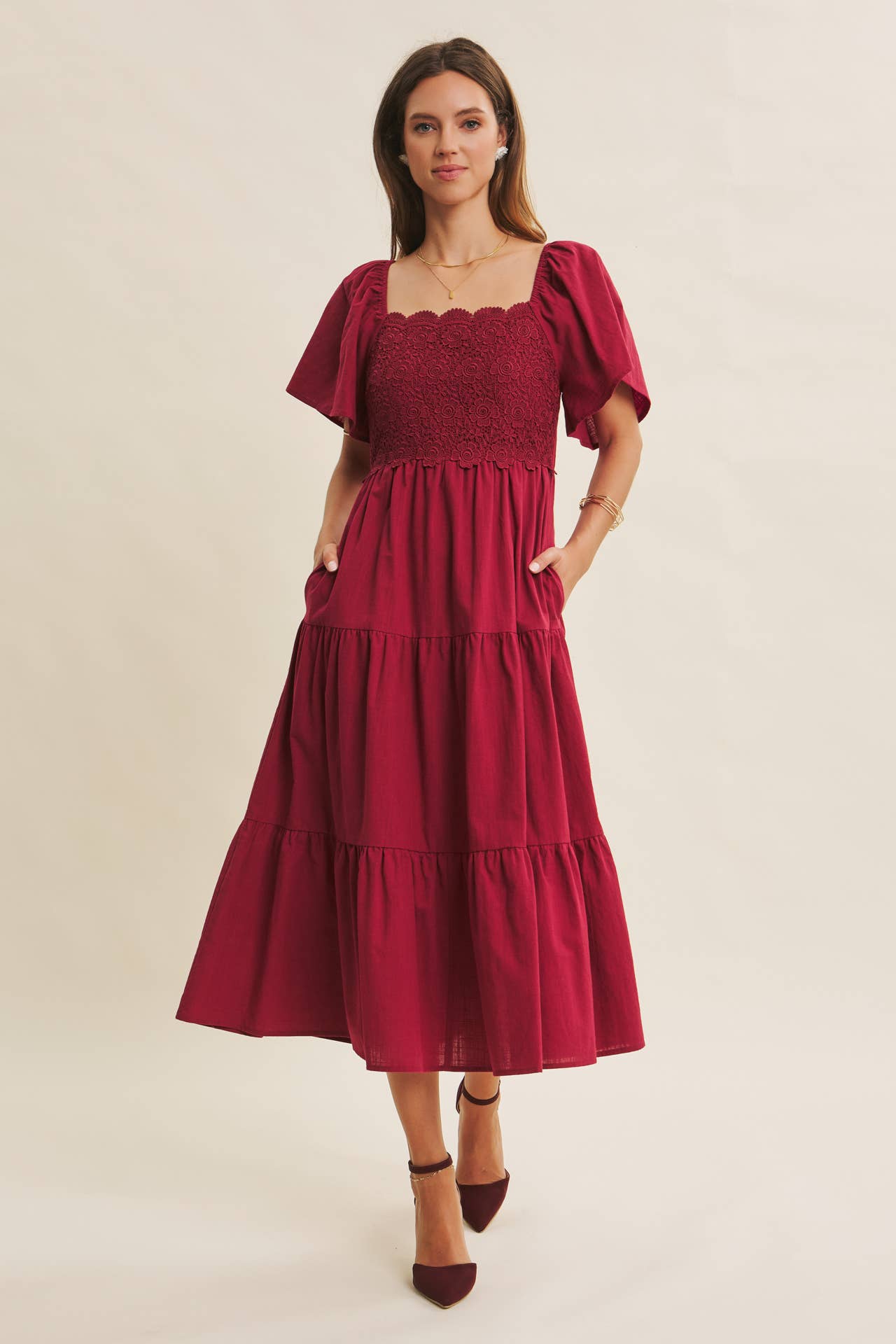 in february - Wholesale Dress - Women's - ESSENCE OF FALL TIERED CROCHET MIDI DRESS WITH FLUTTER SLVS28