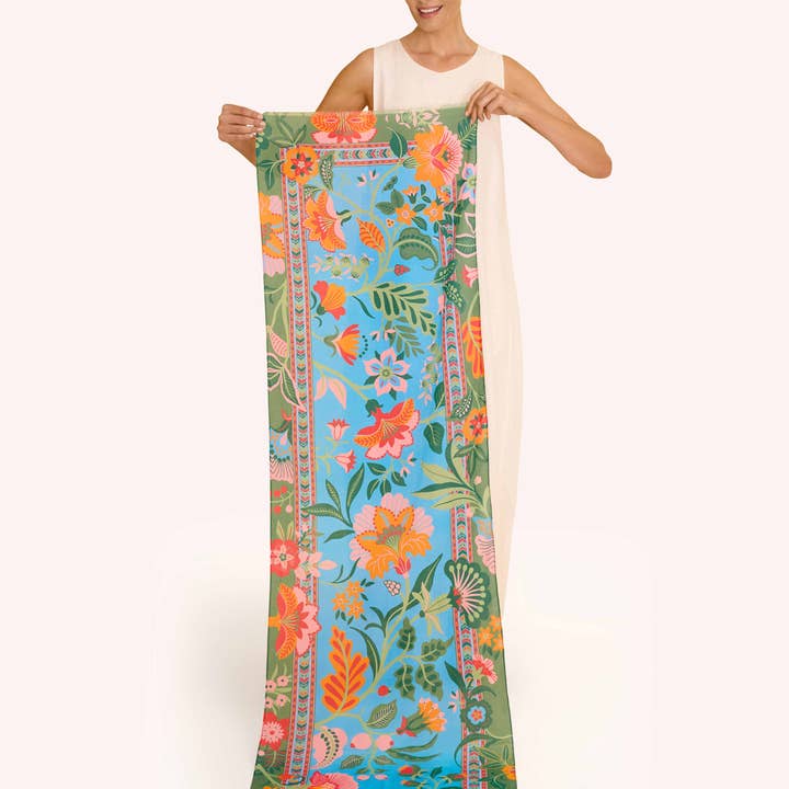 Blue Cotton Scarf - Folky Floral - Cornflower for wholesale on Faire1