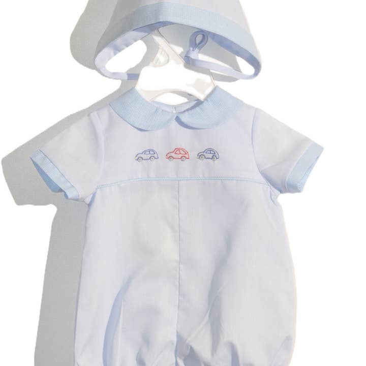 White Boy Car Bubble with Peter Pan Collar and Bonnet for wholesale by Hello Bebes!