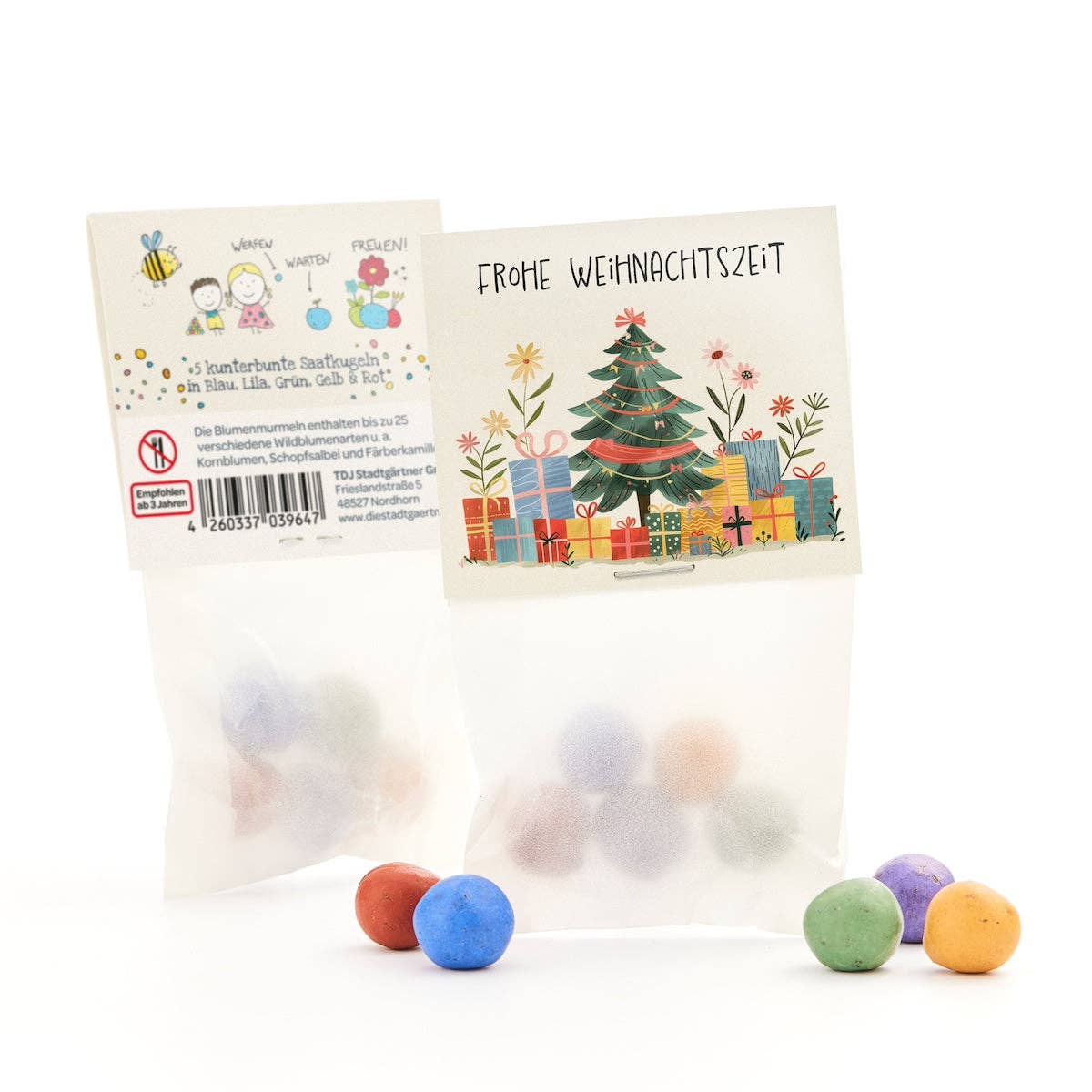 TDJ Stadtgärtner GmbH - Venta al por mayor Decoración navideña - Canicas florales - regalos arbóreos - Feliz Navidad - 5 canicas en bolsa2