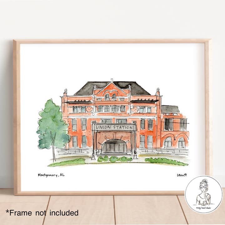 Montgomery, Alabama - Union Station. Art Print for wholesale by Messy Heart Studio