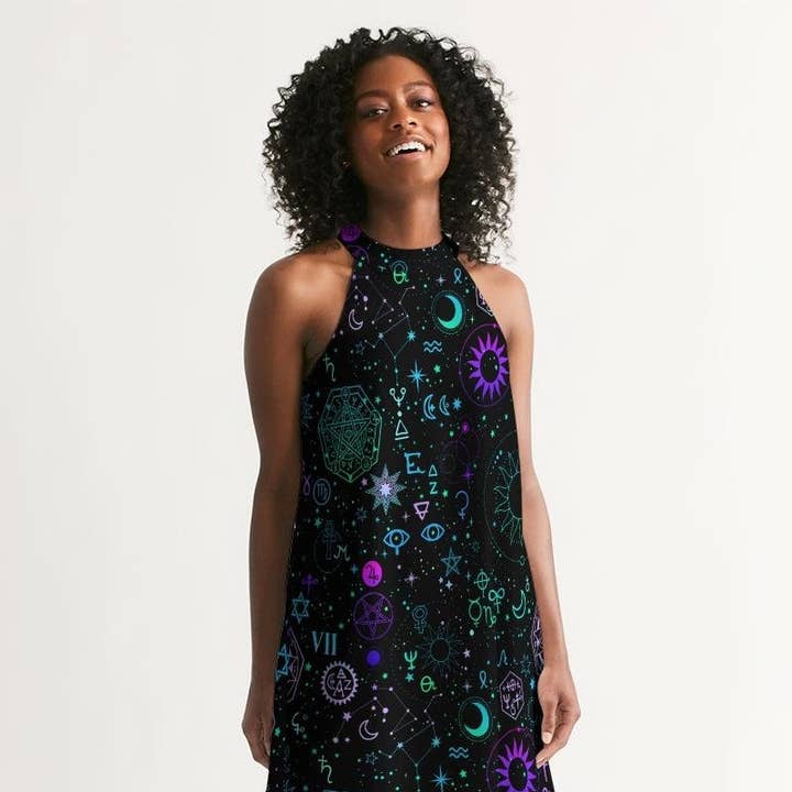 Celestial Print Halter Dress, Aesthetic Dress, Psychedelic Dress, Wedding Guest Dress, Women's Dresses, y2k halter mini dress, y2k Dress for wholesale by Raiana's Vibes