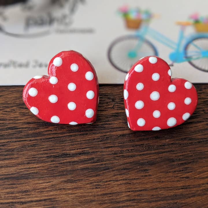 Red polka dot heart studs for wholesale by With Clay & Paint