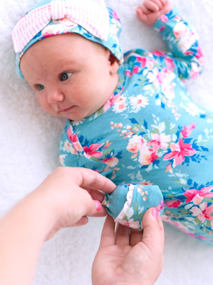 Blue Baby Girls Fancy Me Floral Bamboo Viscose Knotted Ruffle Gown & Hat Set
for wholesale on Faire