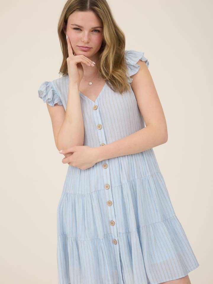Blu Pepper - Wholesale Dress - Women's - STRIPE V NECK BUTTON DOWN TIERED MINI DRESS