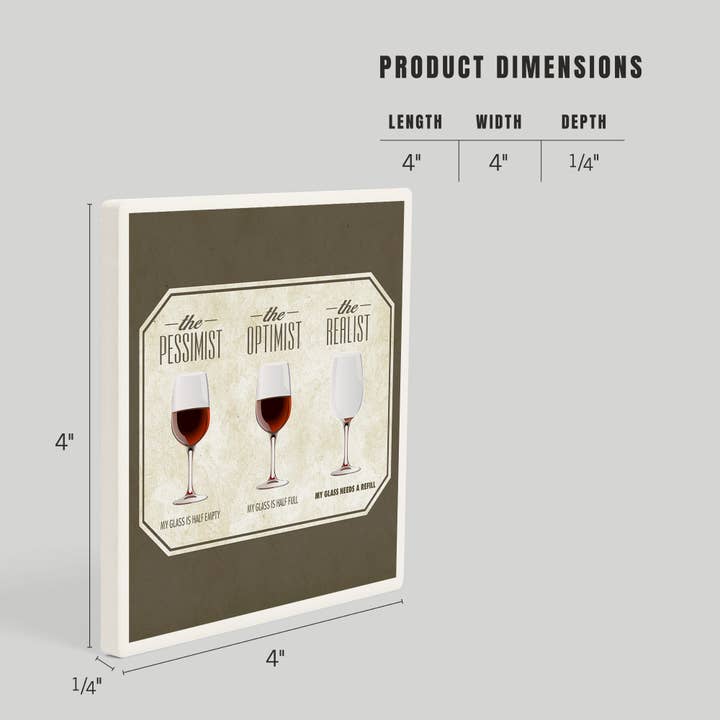 Lantern Press - Wholesale Coasters - Ceramic Coaster Wine Glasses, Pessimist Optimist Realist,…3