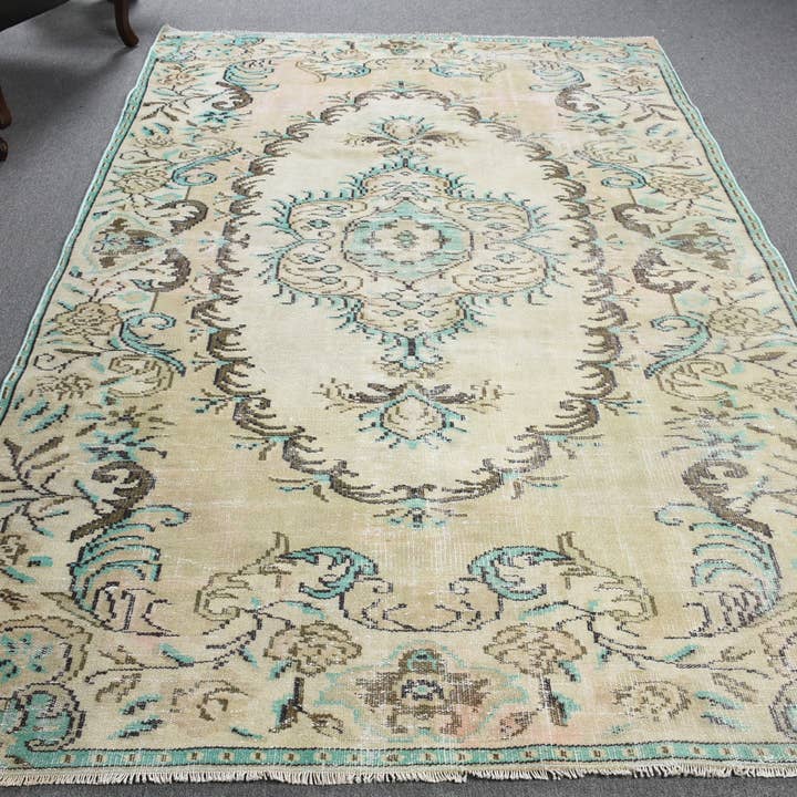 Handmade Beige & Blue Rug, Vintage Patchwork 5.8x8.8 Ft for wholesale by Vintage Rugs Loom