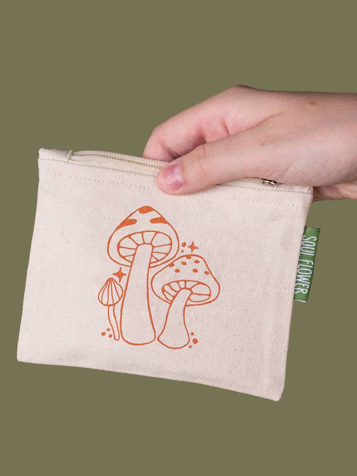 Three Little Mushrooms Small Zipper Pouch for wholesale by Soul Flower