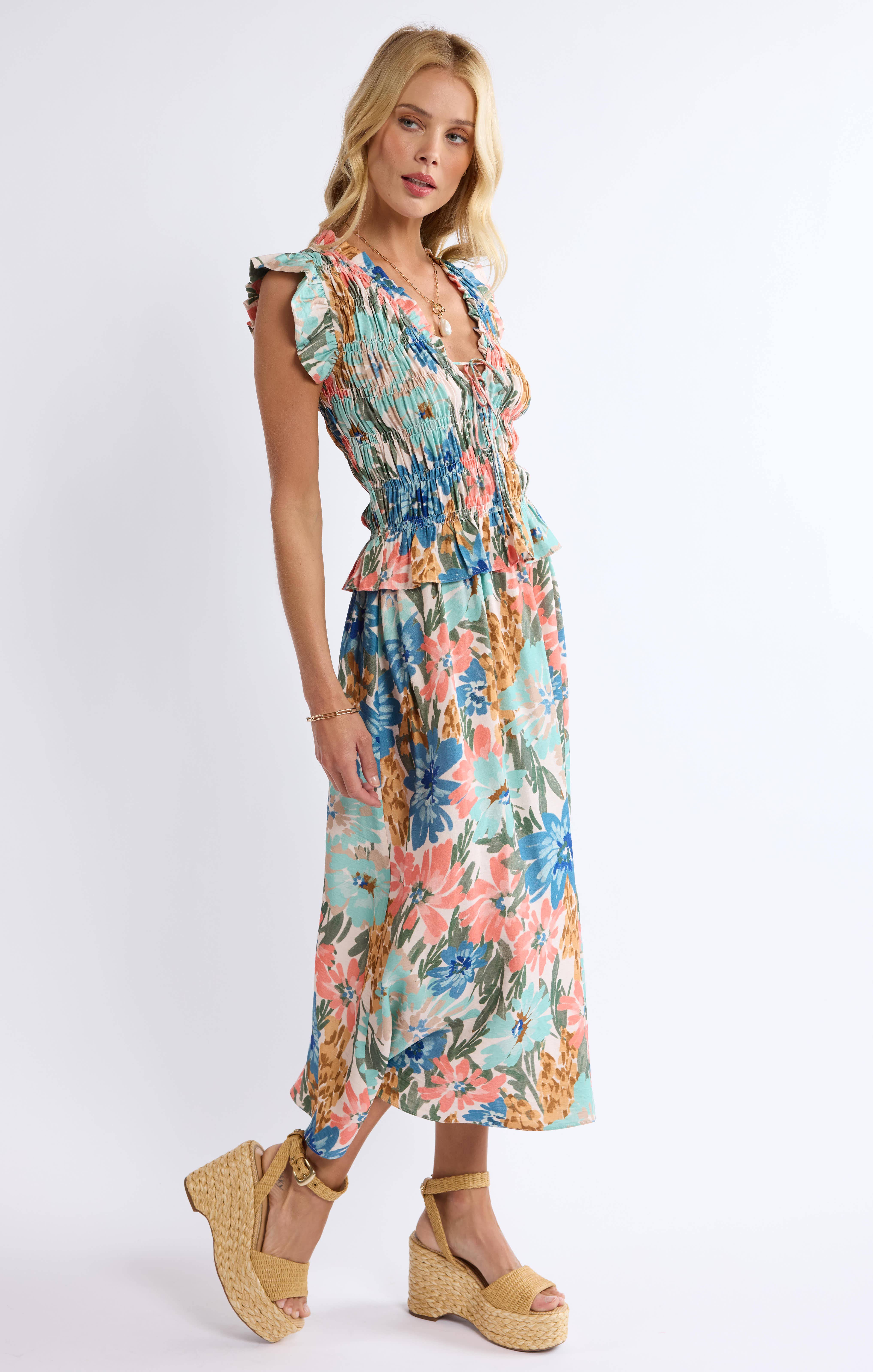 Sage The Label - Vendita all'ingrosso Vestito - Donna - Abito Midi con Corpino a Nido d'Ape Locale:MULTI6