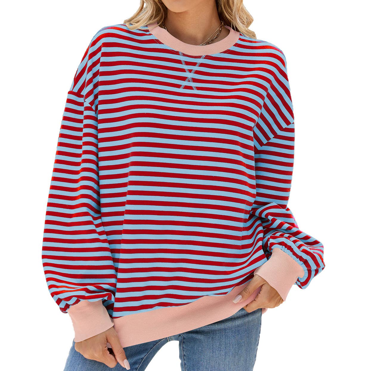 Rosa Clothing - Wholesale Sweatshirt - Women's - Classic Striped Oversized Crewneck Sweatshirt3