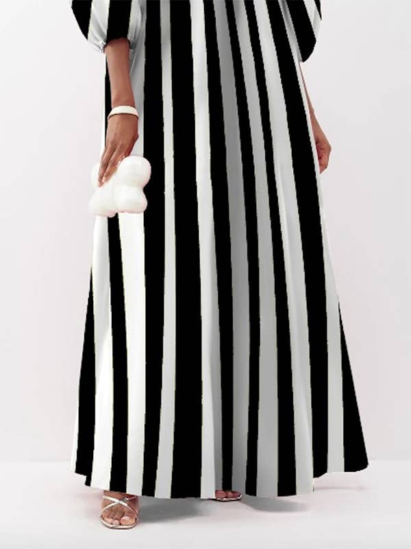 Chicto - Wholesale Dress - Women's - Puff Sleeves Three-Quarter Sleeves Striped V-Neck Maxi Dresses3
