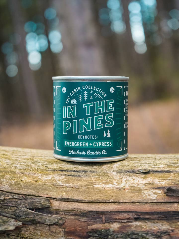 In The Pines | Evergreen + Cypress 8oz Soy Candle for wholesale by Ambush Candle Co.