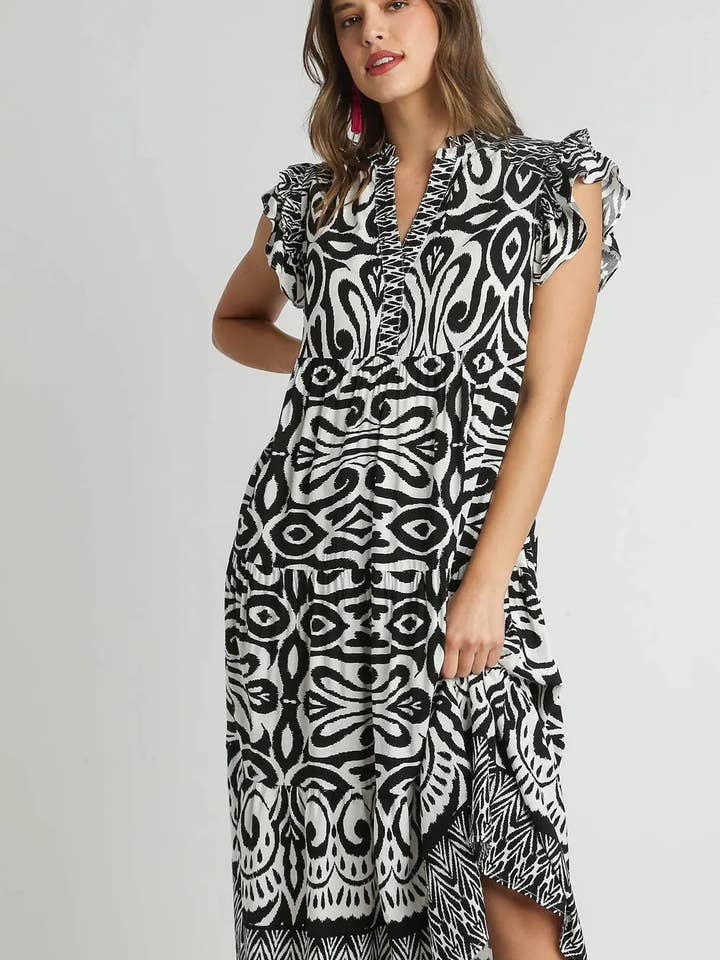 Robe midi à manches à volants et imprimé à bordure bicolore Umgee taille plus pour la vente par Queenado