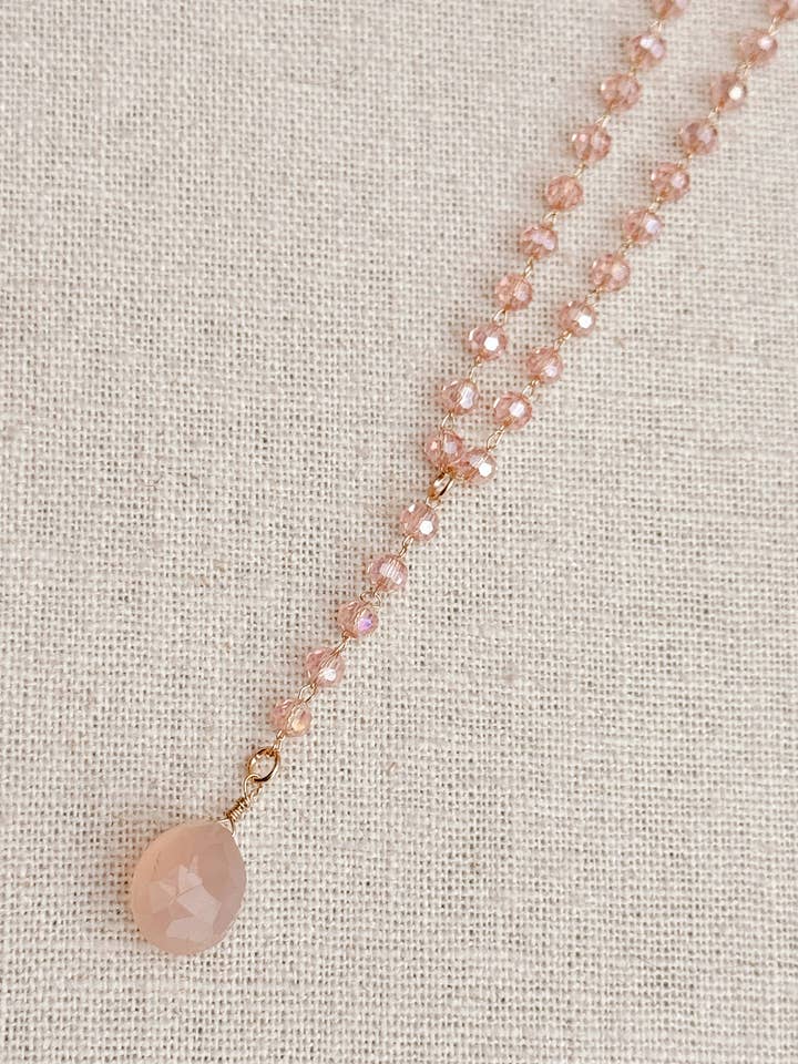 Blush Crystal Beaded Necklace – Pink Chalcedony Drop for wholesale by Gracie Rose Designs