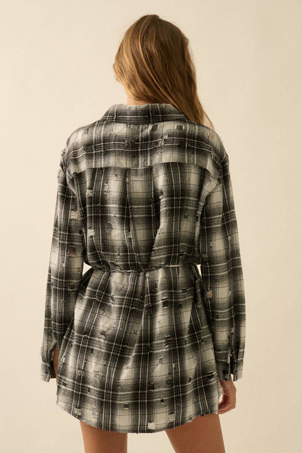 Promesa USA – Engroshandel Romper - Dame – Distressed ternet flannel jumpsuit med bælte11