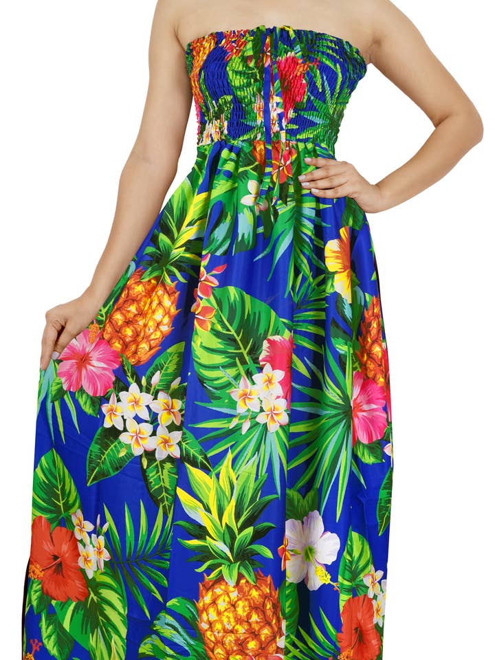 Robe Longue Bleue Femme Aloha Tropicale Florale P01218 pour la vente par LA LEELA \ HAPPY BAY
