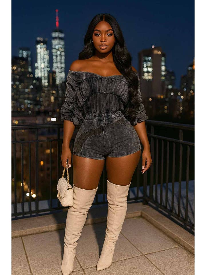 Dalia Studio - Wholesale Romper - Women's - MINERAL WASH RUCHED OFF SHOULDER ROMPER13