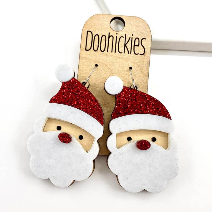 Red Nose Glitter Acrylic Santa Dangles - Christmas Earrings for wholesale by Doohickies
