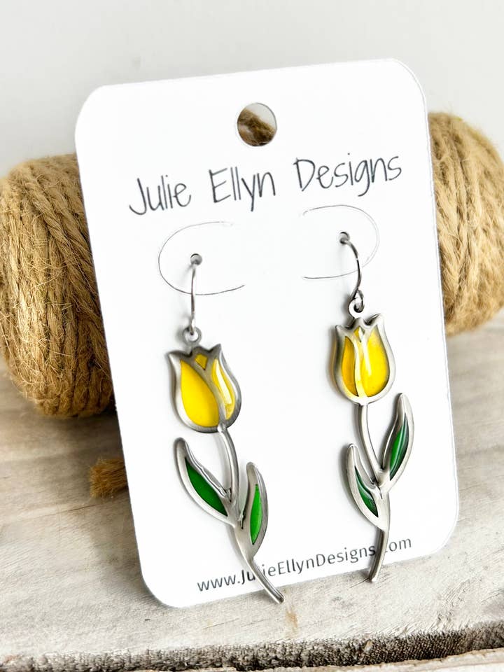 Orecchini a Tulipano Giallo in Vetro Colorato - Argento per la vendita all'ingrosso da parte di Julie Ellyn Designs