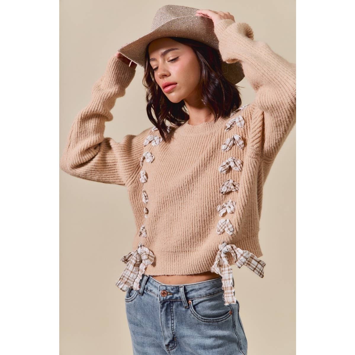 IVE - Wholesale Knit Sweater - Women's - Checkered Plaid Tape Lace Up Sweater Top4