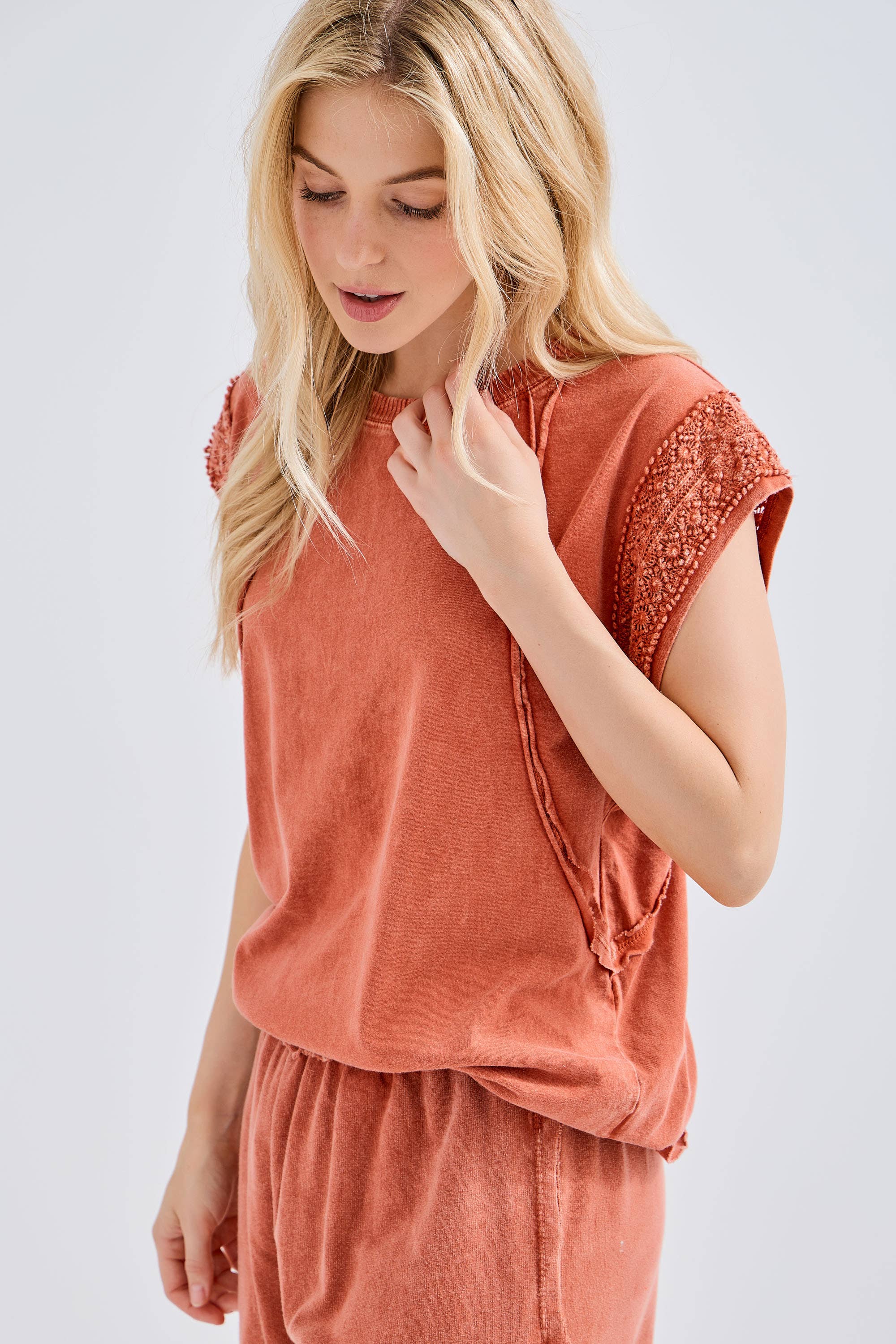OrangeRed MineralWash Trim Cap sleeve Blouse HT5668.. for wholesale on Faire1