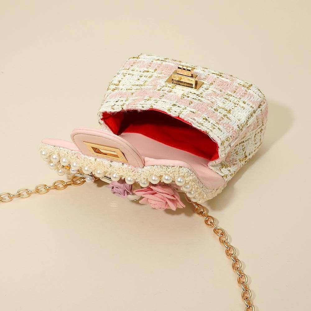 Sensibling Corp. - Wholesale Crossbody Bag - Women's - Floral Pearl Stone Cluster Embellished Tweed Mini Handbag / Crossbody Bag3