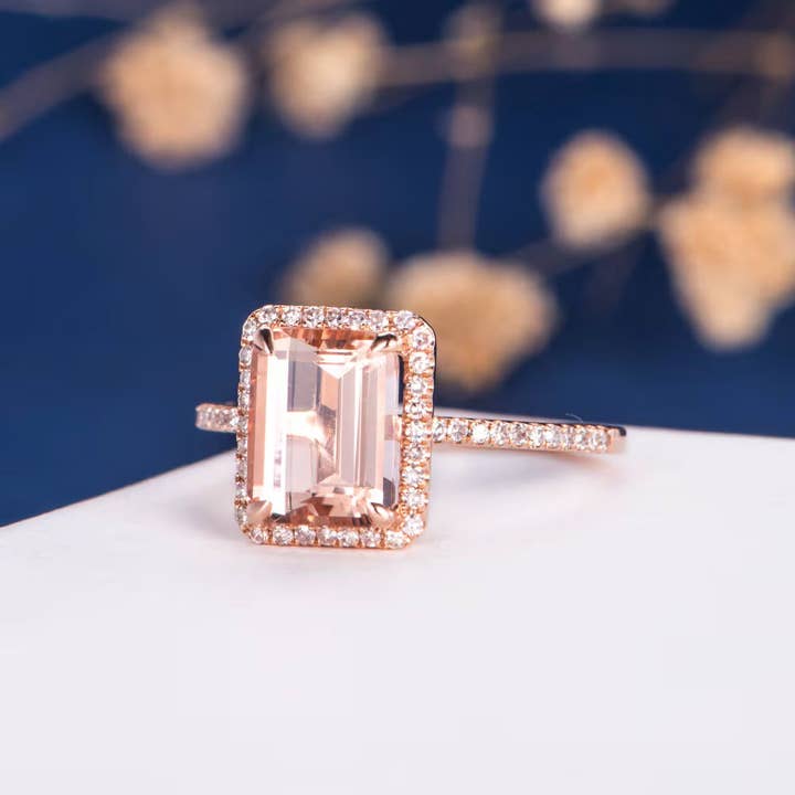 GEMPARA - Vente Bagues de fiançailles - Bague de fiançailles halo en morganite rectangulaire en or rose 14K