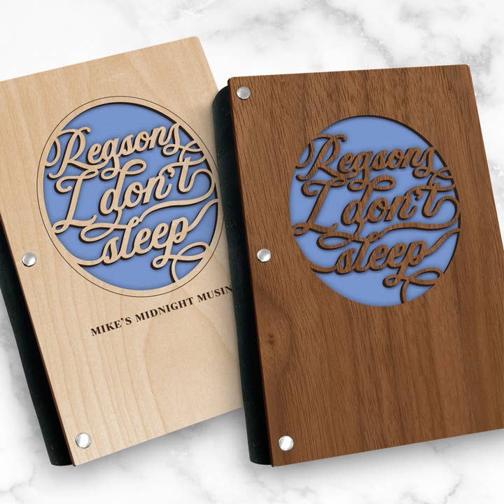 "Reasons I Don’t Sleep" Wood Journal - Personalizable for wholesale by Inspired Indigo