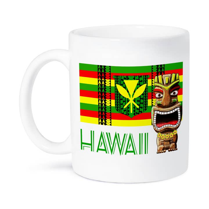3dRose, Hawaiian Tiki statue and a tribal styled Kanaka Maoli Hawaiian flag., Mug for wholesale by 3dRose