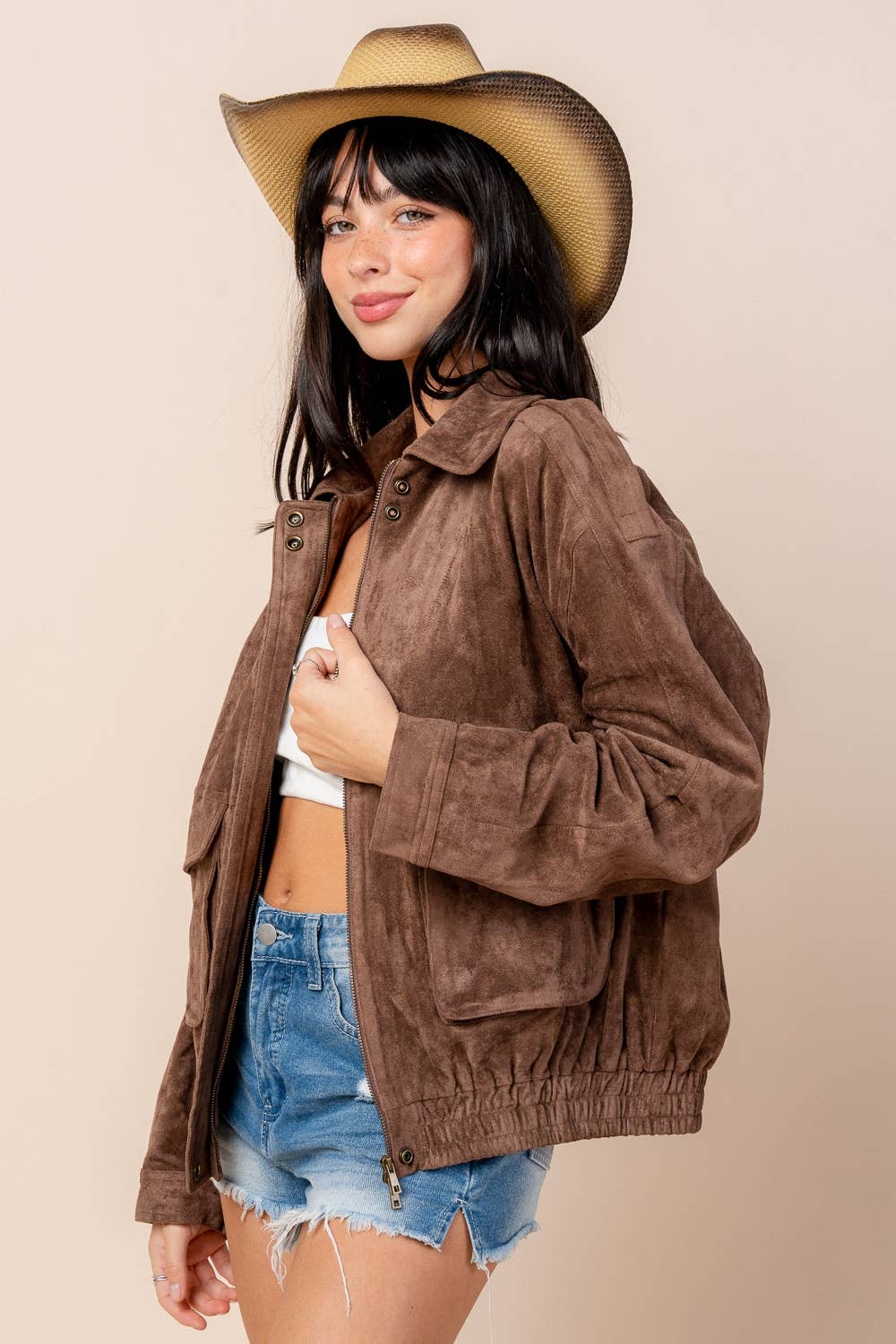 CHOCOLATE CG60095E / FAUX SUEDE JACKET WITH POCKET DETAILS for wholesale on Faire1