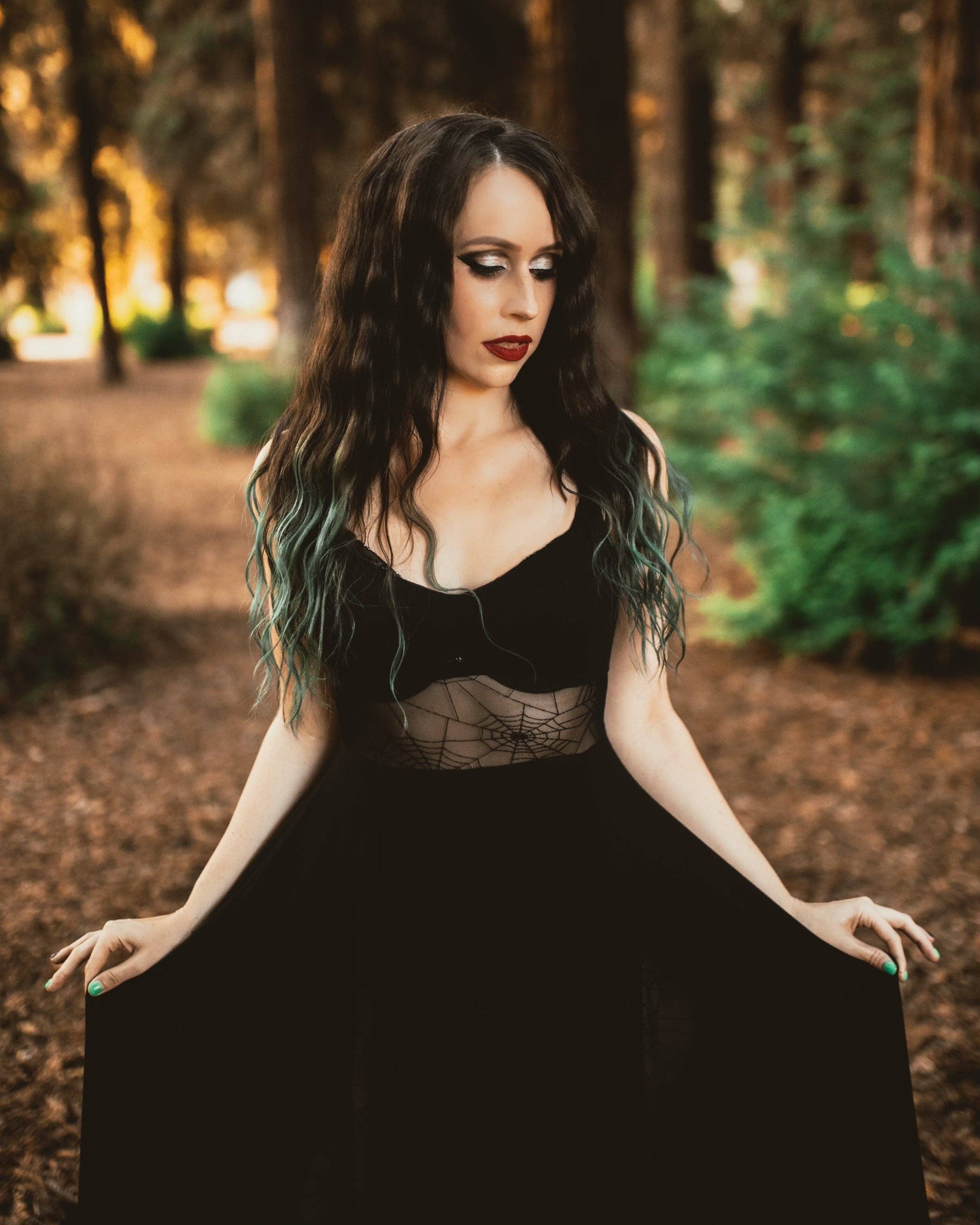 Weasel Wear - Wholesale Dress - Women's - Arachnophobia Maxi Dress - Black Rayon Jersey Maxi with Spiderweb Mesh Panels (Dark Web Edition)9