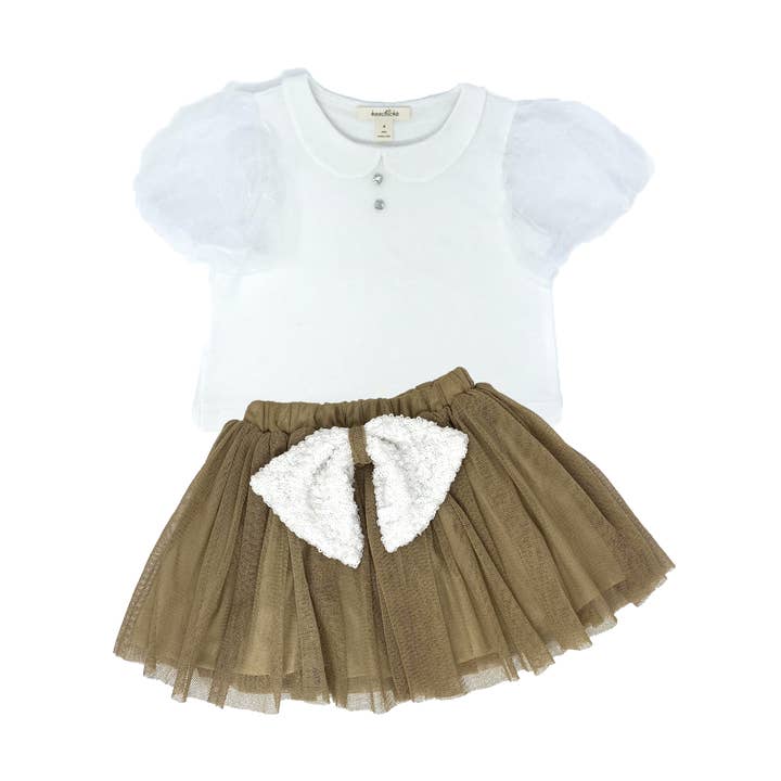 Girls white puff sleeve top and taupe tulle skirt set for wholesale by Koochické