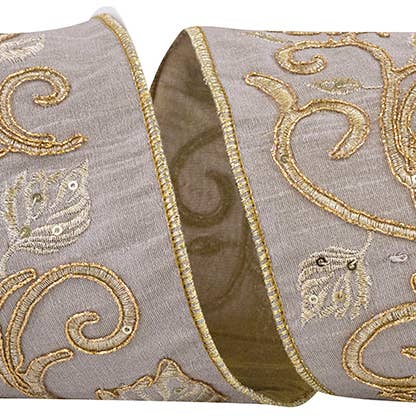Leaf Scroll Embroidered Dupioni Meshed Back Wired Edge 2 for wholesale by RELIANT RIBBON