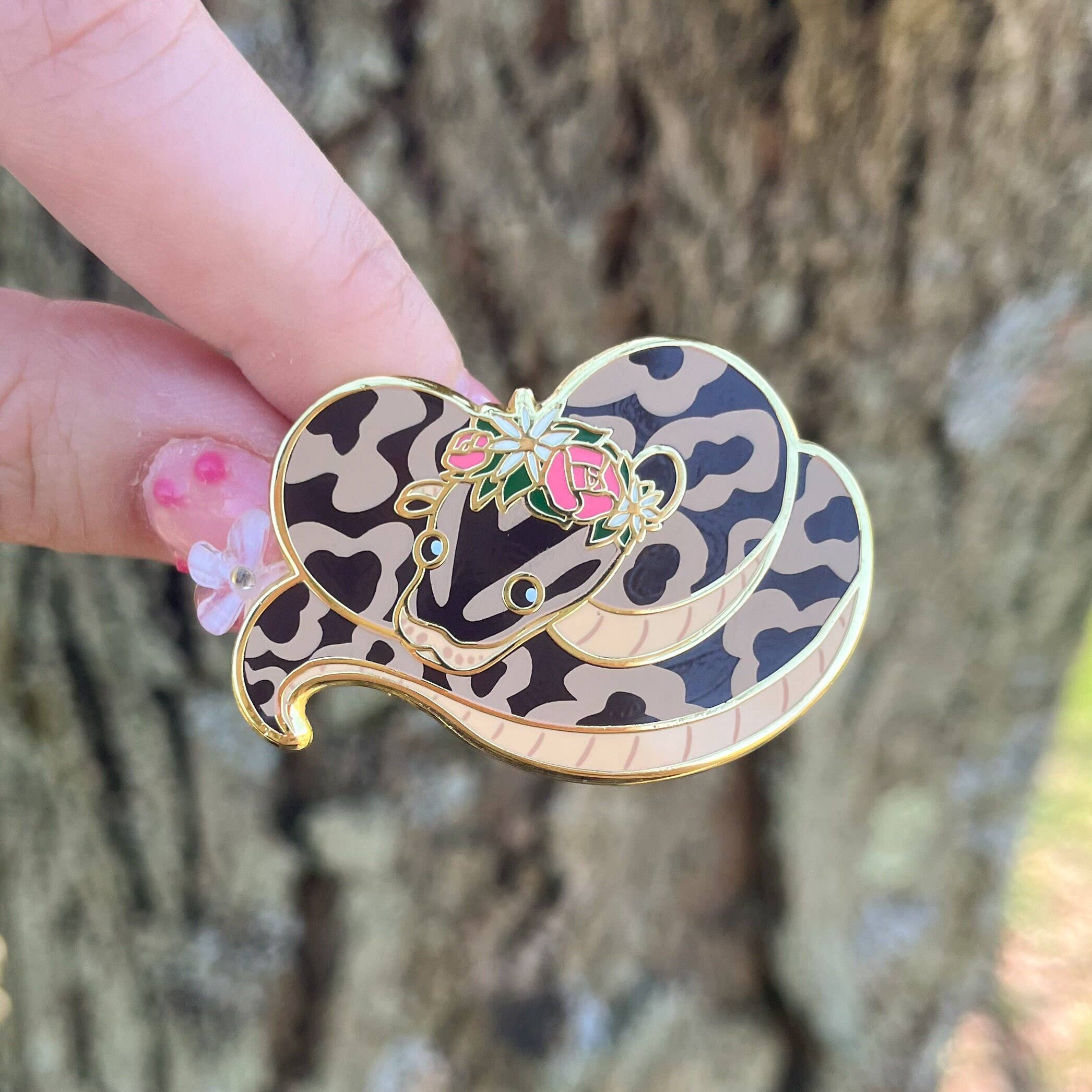 Heartel Design – wholesale Lapel pin/button – Ball Python Snake Flower Crown Enamel Pin! Brown or Black2