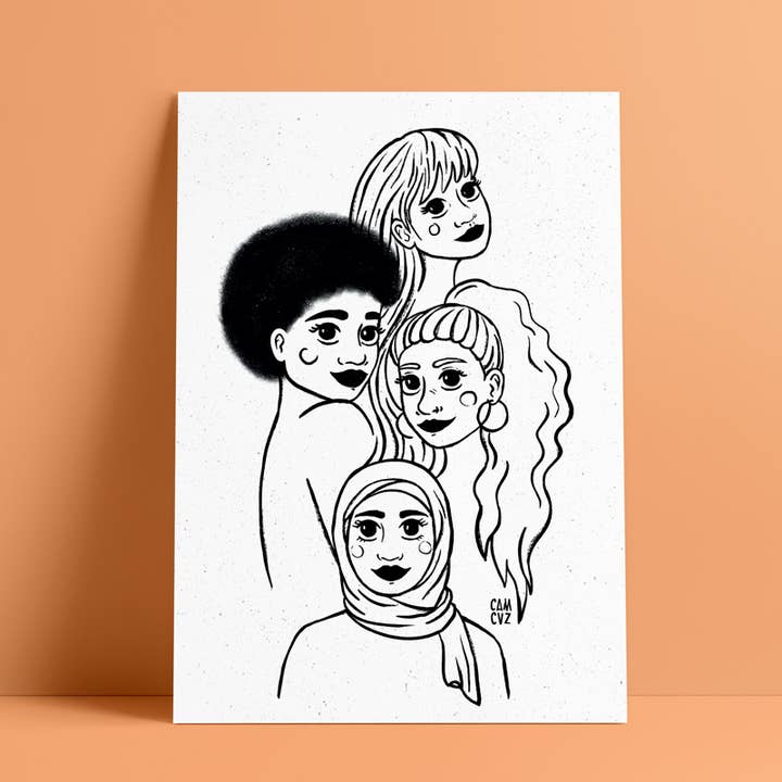 Pigebande plakat | sorority, feminisme, portrætter af piger for engroshandel hos Camille Cauvez illustration et papeterie
