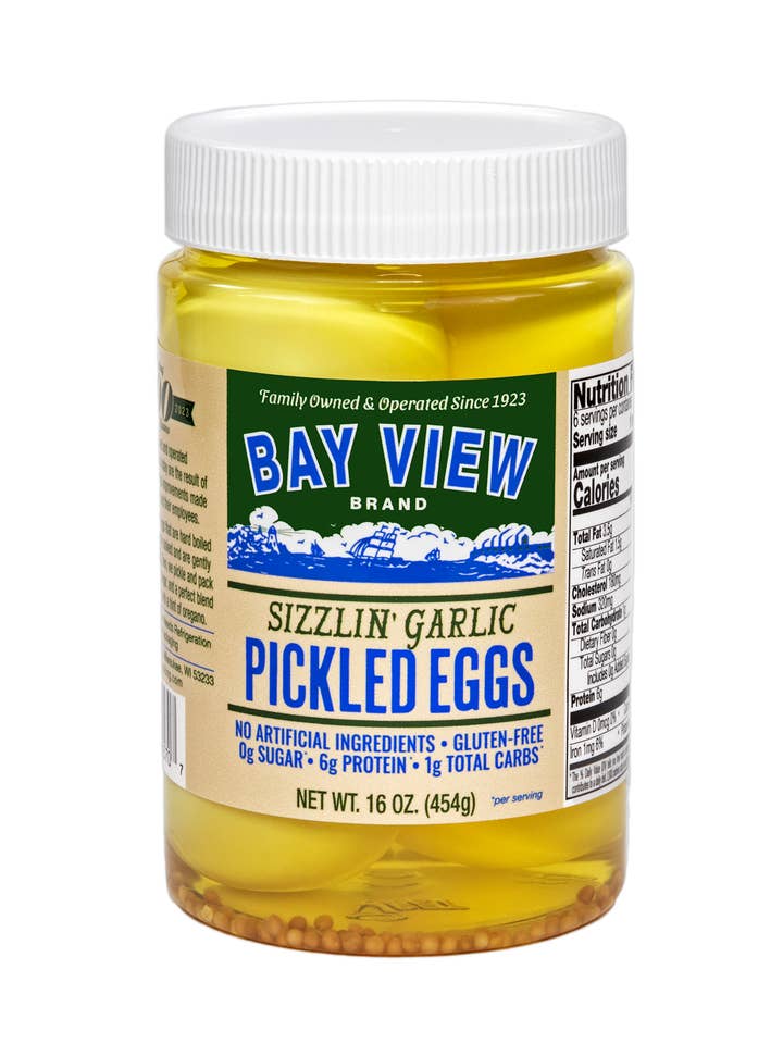 Bay View Packing Sizzlin' Garlic Pickled Eggs 16 ounce jars for wholesale by Bay View Packing
