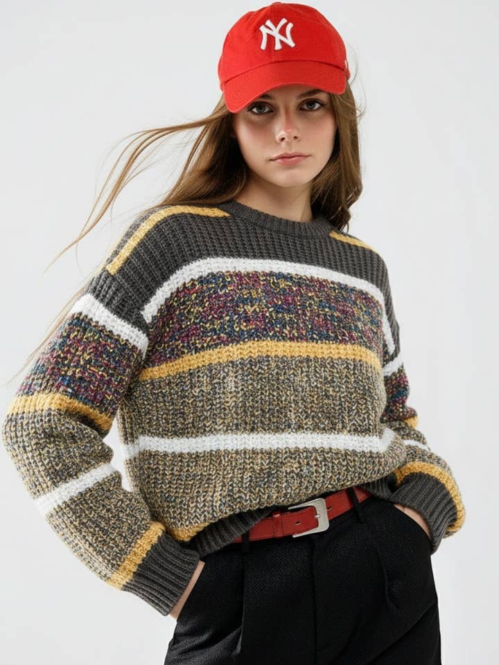 knitted long sleeve sweater in stripe with multiple colors for wholesale by Q2—All Orders:Free Duties for the US,UK,and Canada
