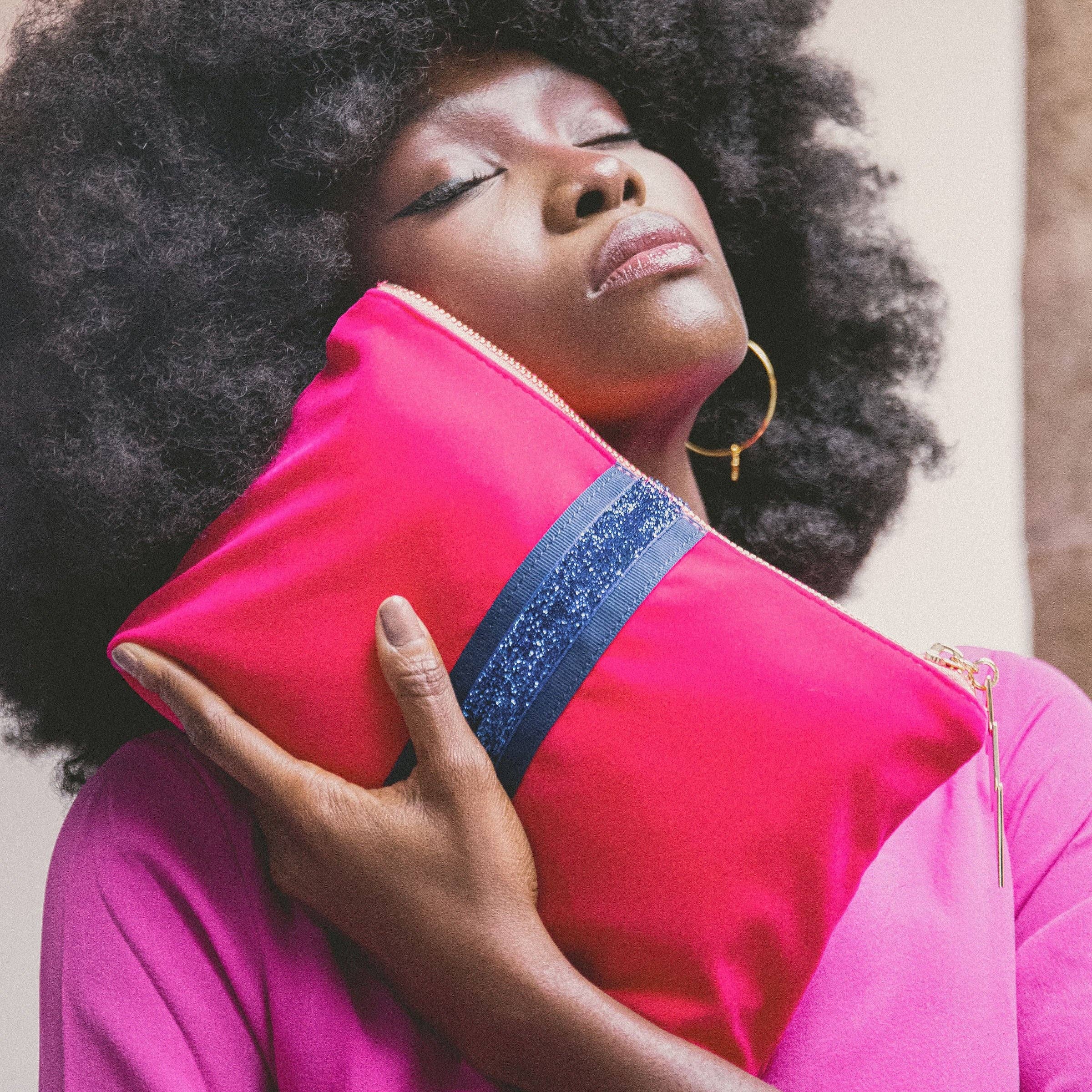 Cockatoo – wholesale Clutch bag – women's – PINK VELVET CLUTCH (BLUE STRIPE)1