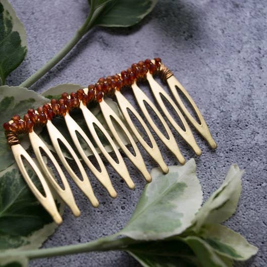 Red Carnelian gemstones Hair Comb Brass Barrette for wholesale by Miss Penny Lane