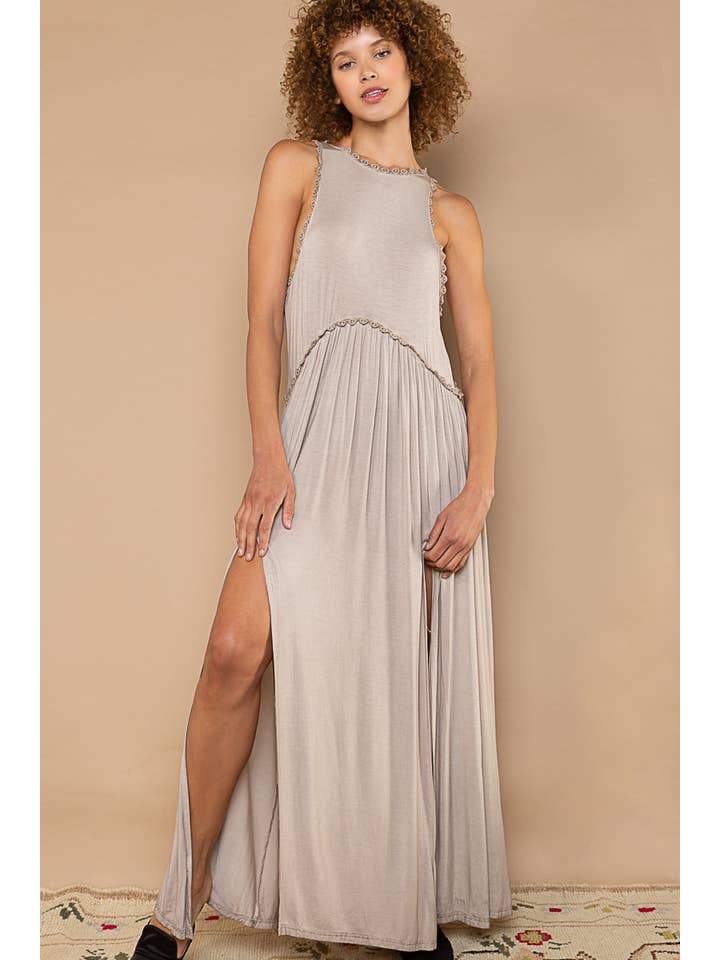 Pol Clothing - Wholesale Dress - Women's - Sleeveless racerback back zipper front slit knit maxi dress