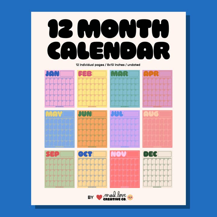 Calendario di 12 mesi per la vendita all'ingrosso da parte di Mad Love Creative Co.
