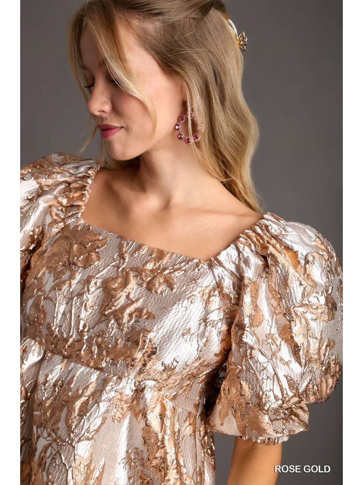 Vanilla Monkey - Wholesale Dress - Women's - Metallic Jacquard Floral Print Foil Balloon Sleeve Dress