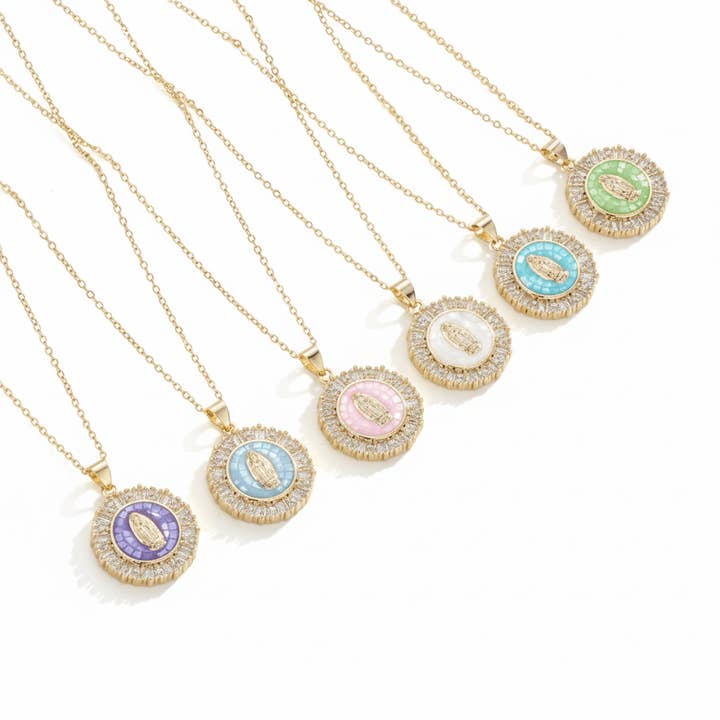 Gold-Plated Mary Necklace with Crystals 18" - Multiple Colors for wholesale by Guadalupe Gifts