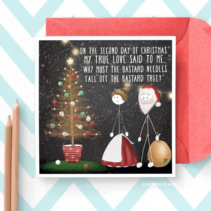 Needles Funny Santa Tree Cheeky Christmas greeting card for wholesale by Lanther Black