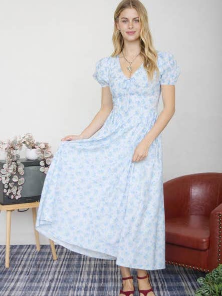 BLÅMÖNSTRAD MIDIKLÄNNING MED KORSETTDETALJER OCH PUFFÄRMAR för wholesale av MINE