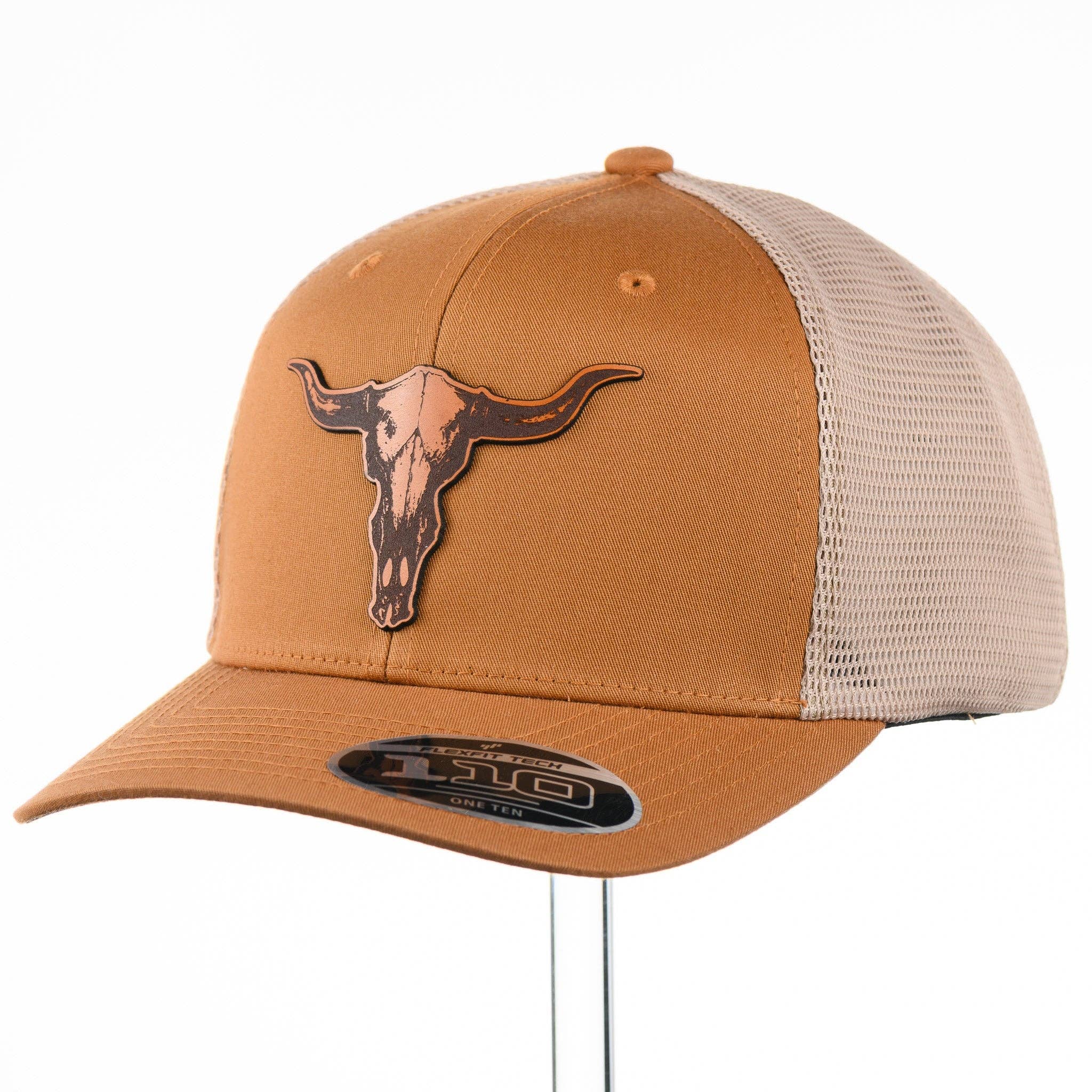 Last Best Supply Co - Wholesale Trucker Hat - Unisex - Etched Leather Bull Skull Patch Flexfit Trucker Hat1