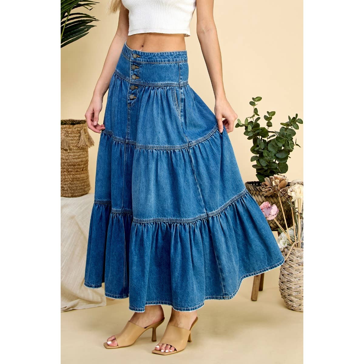 Med Wash Front Button 3 tiered Denim Skirt for wholesale on Faire1